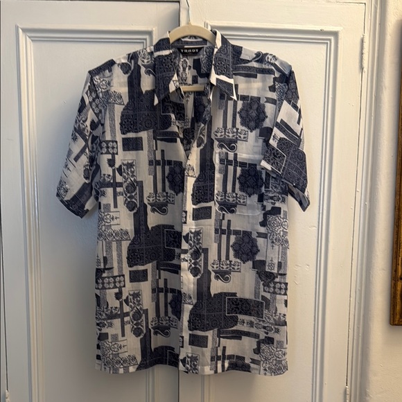 Navy and White Geometric Men's Shirt - Picture 1 of 4